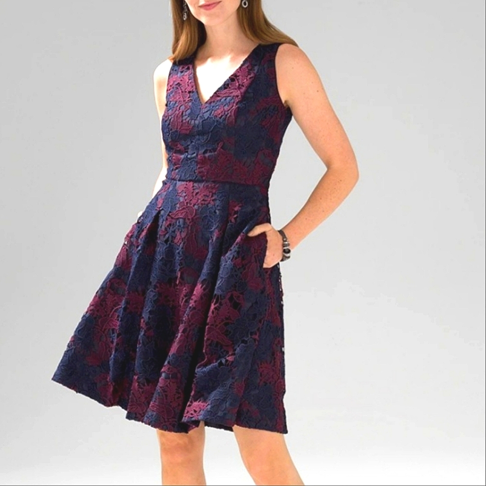 Sleeveless Navy and port lace Fit & Flare Dress  WHBM